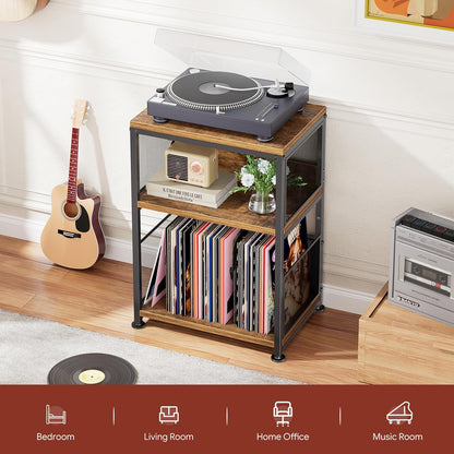 Record Player Stand, 3 Tiers Side Table, Turntable Stand with Vinyl Record Storage, Hold up to 100 Albums, Rustic Brown