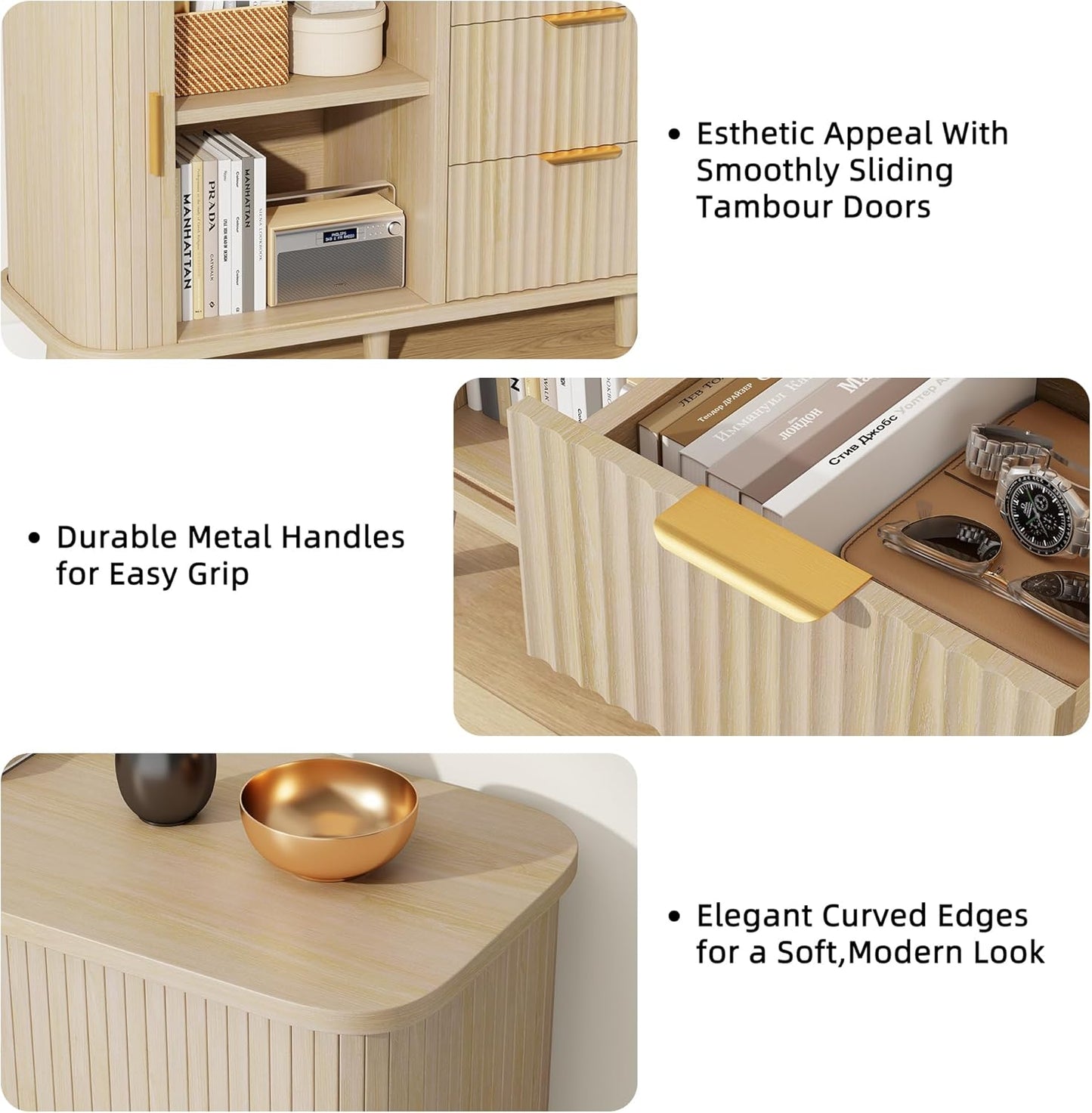 Natrual Buffet Cabinet, 55" Wide Sideboard Buffet Storage Cabinet with Rolling & Sliding Doors, Modern Bar Cabinet for Kitchen & Dining Room