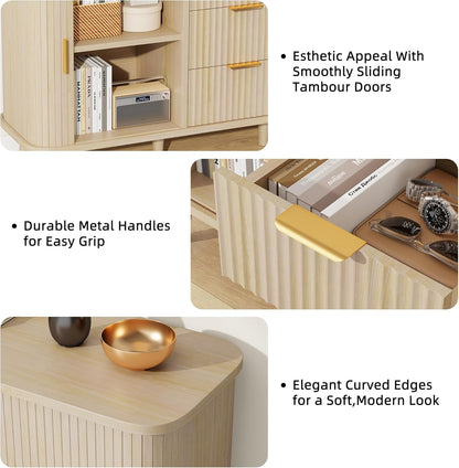 Natrual Buffet Cabinet, 55" Wide Sideboard Buffet Storage Cabinet with Rolling & Sliding Doors, Modern Bar Cabinet for Kitchen & Dining Room