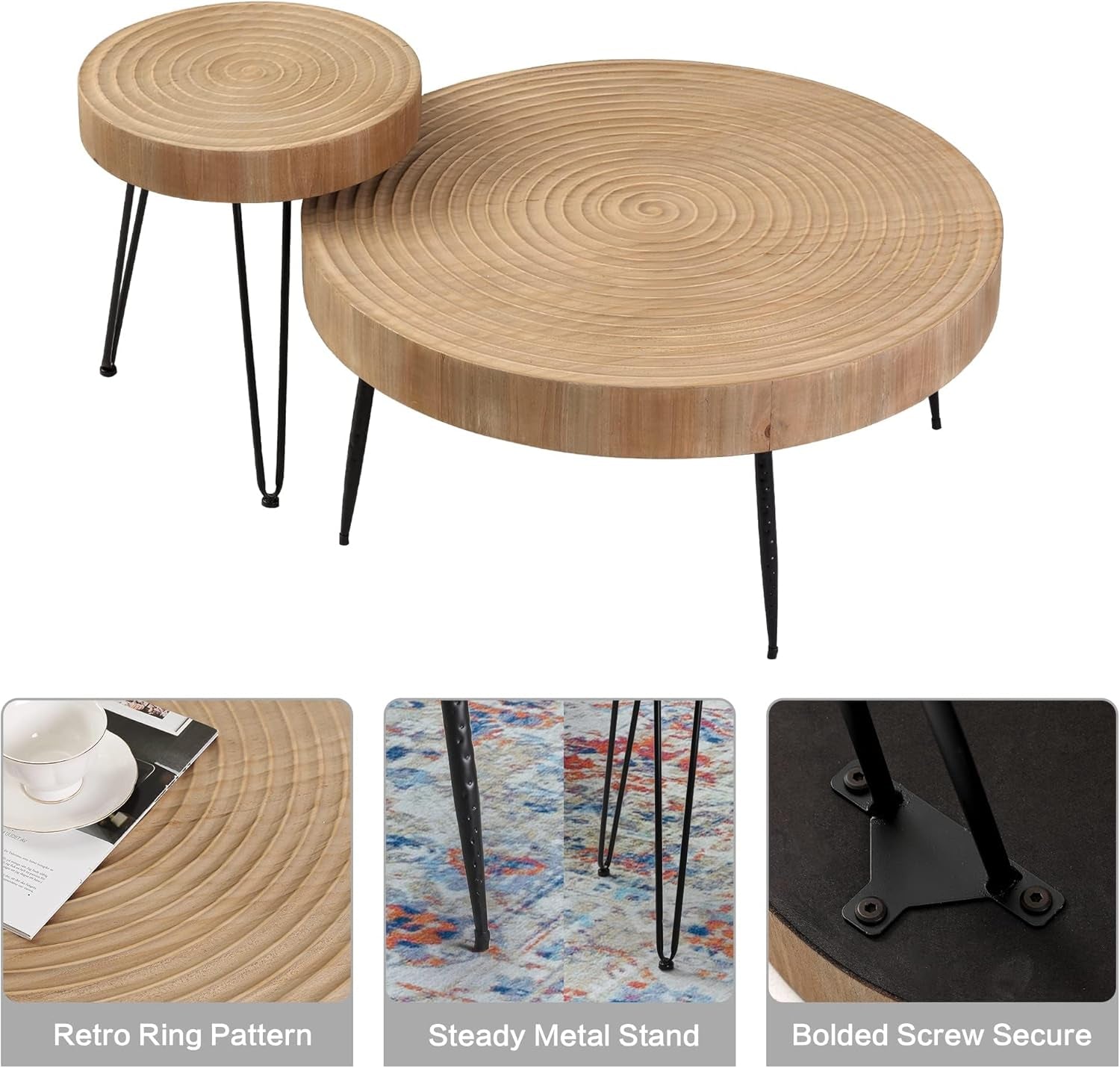Farmhouse round Coffee Table Set of 2, Cocktail Table Set, Modern Circle Natural Wood Finsh Side and End Table Sets for Living Room(Helical, Natural)