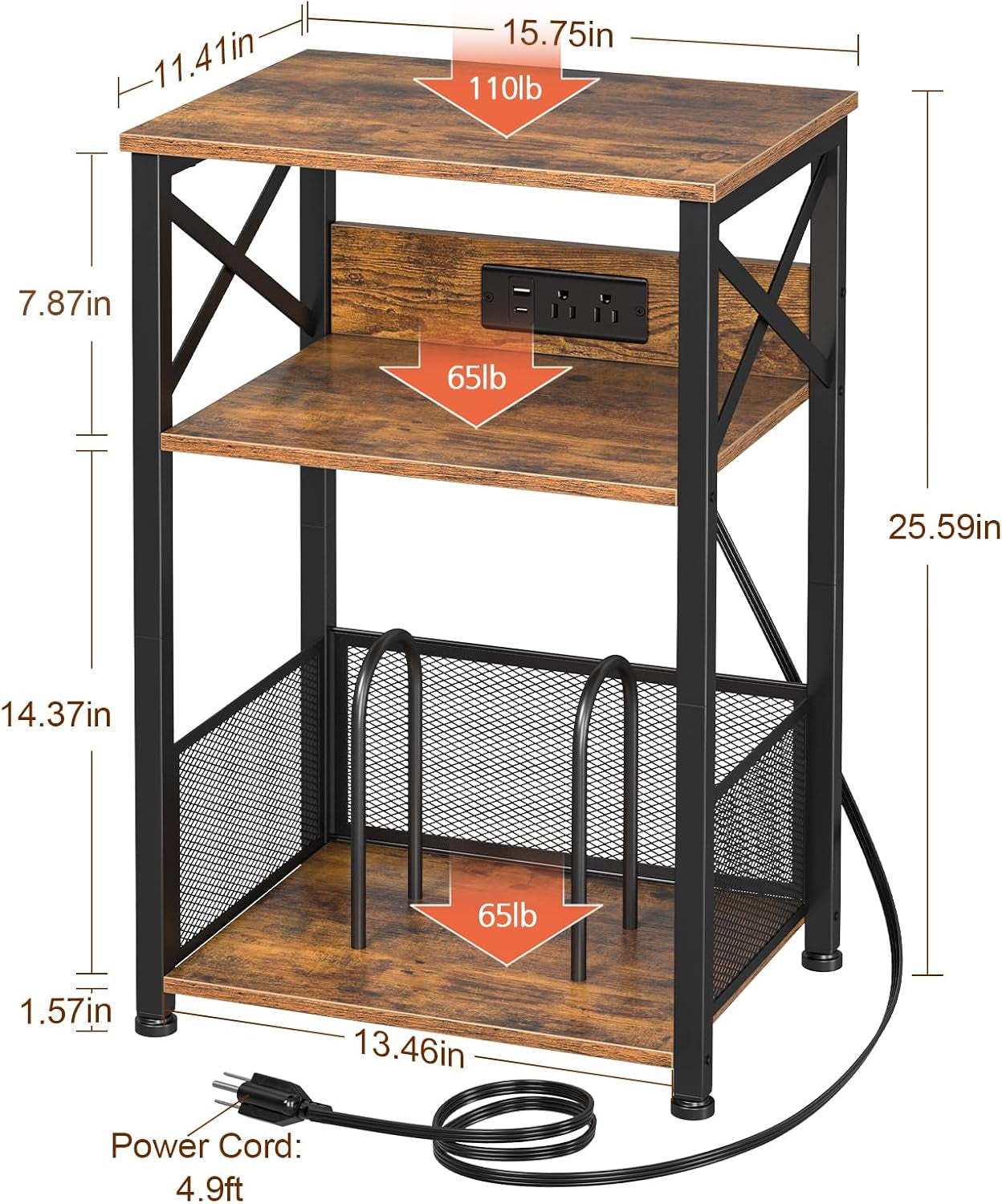 Record Player Stand with Charging Station, Turntable Stand with Storage Cabinet, 3 Tier End Table Hold up to 100 Albums, Record Table for Vinyl, Living Room, Rustic Brown, HETCD01BR-1