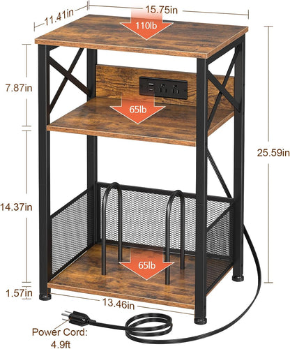 Record Player Stand with Charging Station, Turntable Stand with Storage Cabinet, 3 Tier End Table Hold up to 100 Albums, Record Table for Vinyl, Living Room, Rustic Brown, HETCD01BR-1