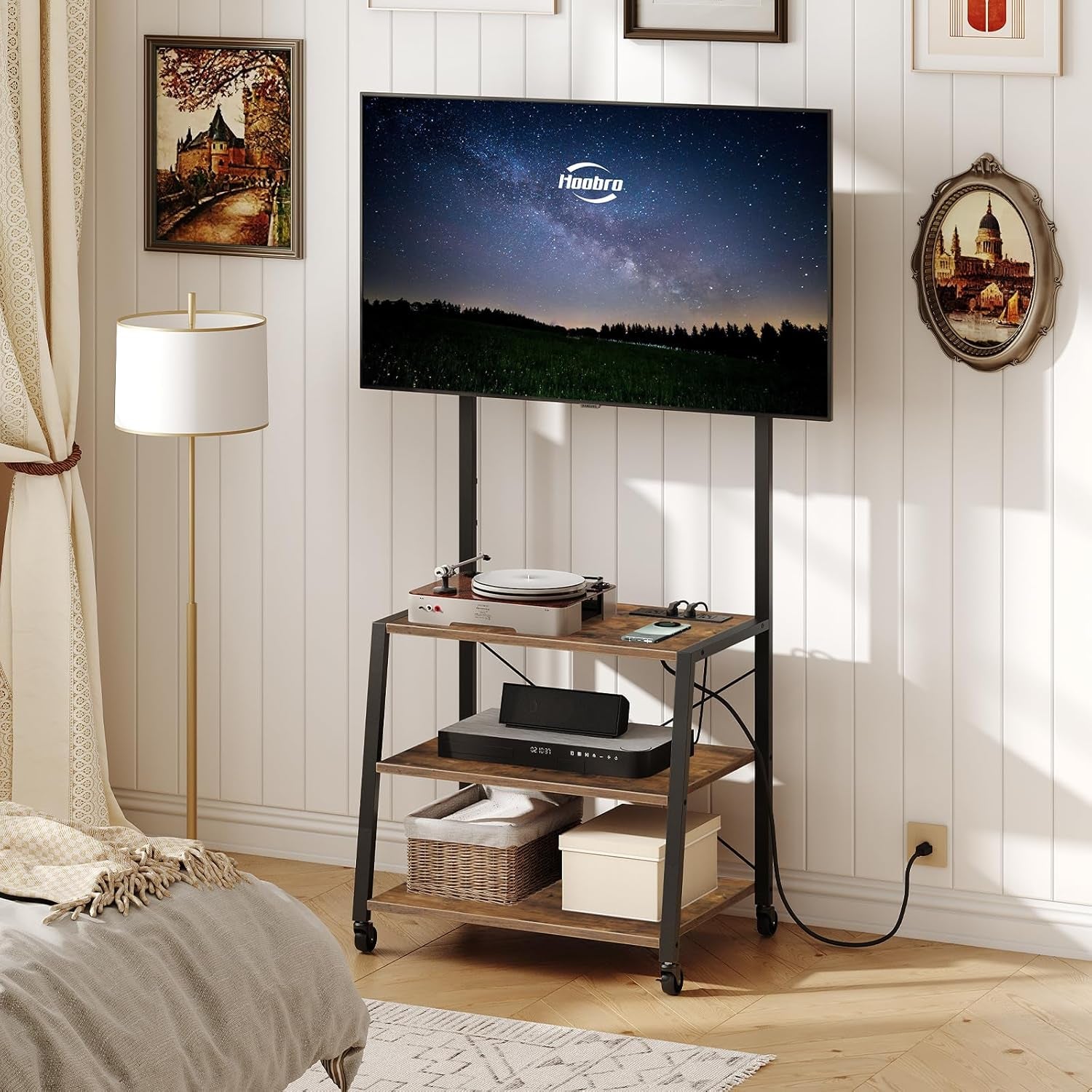 Rolling TV Stand with Mount and Power Outlet up to 55 Inch TV, Corner Entertainment Center, Small TV Stand with 3-Tier Storage Shelves for Living Room, Bedroom, Rustic Brown and Black BF66UDS01