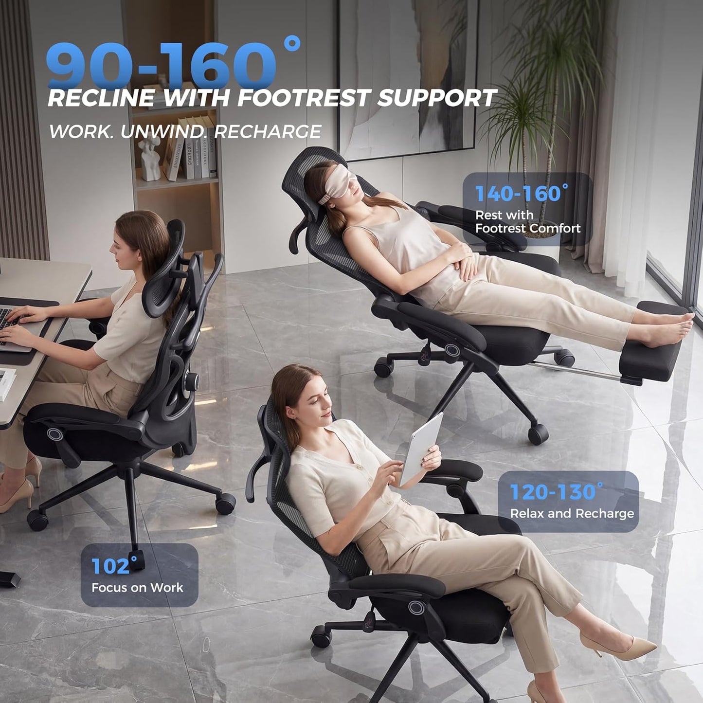 Ergonomic Office Chair with Footrest - Adjustable Lumbar Support & Headrest, 90-160° Reclining Mesh Back Computer Chair - Home Office/Gaming, 350Lbs Capacity