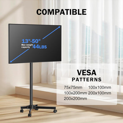 Mobile TV Carts, Rotating Rolling TV Stand on Wheels for 13-50" Flat/Curved Tvs Height Adjustable 30° Tilt Floor TV Stand Portable Monitor Stand Holds up to 44Lbs Max VESA 200X200Mm ML1350
