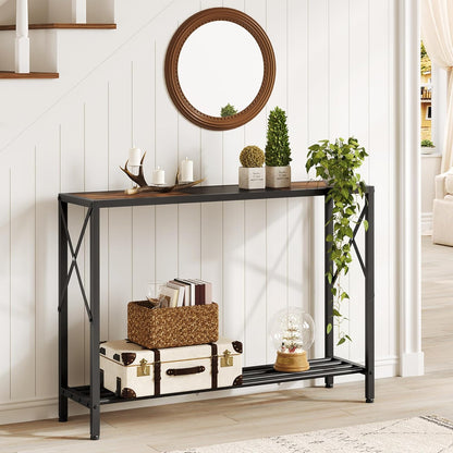 Console Table 41.8”, 2-Tier Industrial Entryway Table, Narrow Entrance Sofa Table with Shelves, Hallway, Living Room, Foyer, Corridor, Office, Rustic Brown and Black