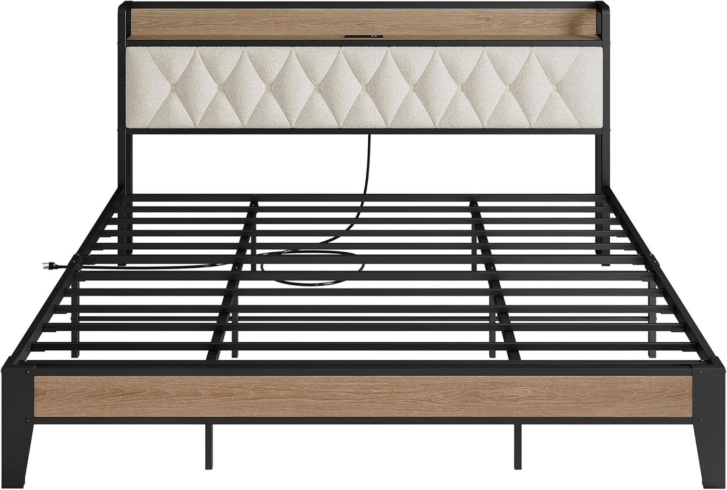 King Bed Frame, Storage Headboard with Charging Station, Platform Bed Frame with Strong Metal Support, Sturdy and Stable, Noise Free, No Box Spring Needed, Easy Assembly