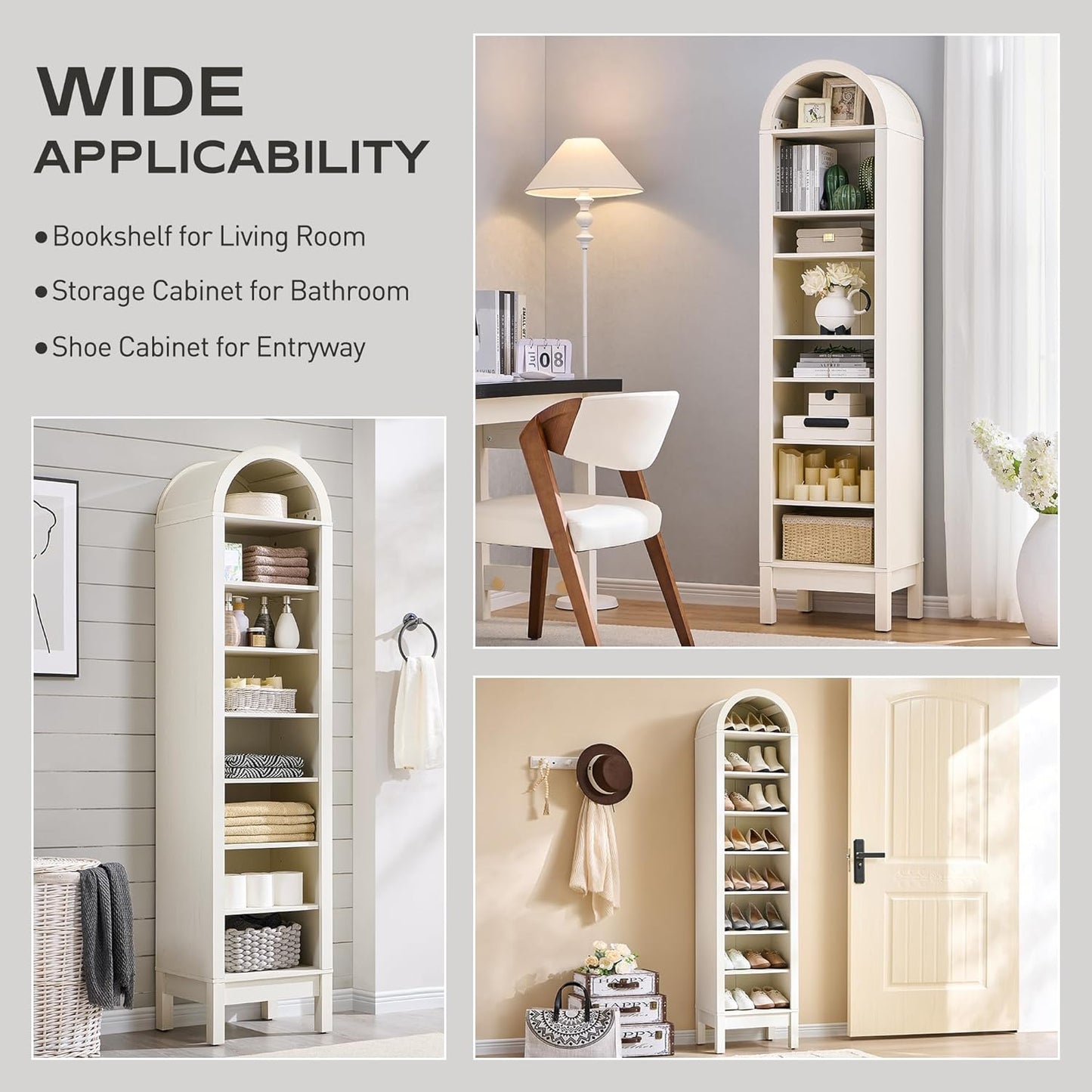 71" Tall Arched Bookshelf, 8 Tiers Arch Bookcase with Storage, Modern Farmhouse Book Shelf with Adjustable Shelves, Wood Bookshelf W/Open Display Shelves for Living Room, Office (Antique White)