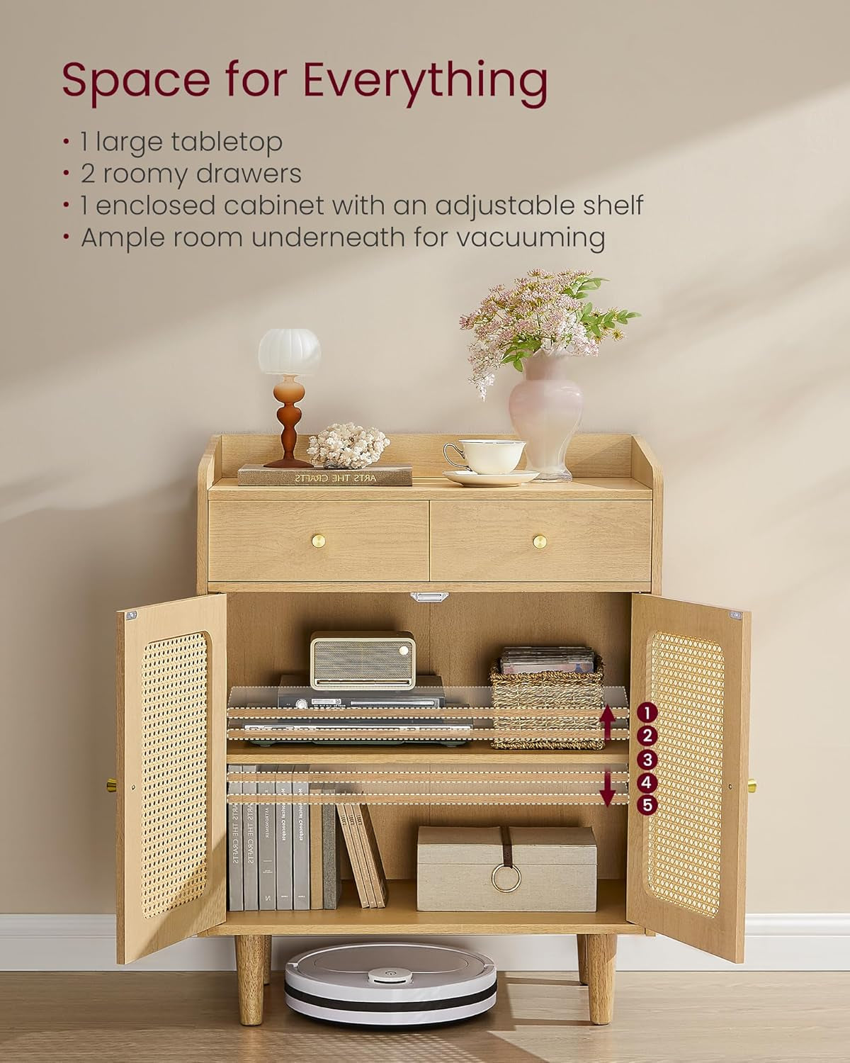 BOHOVEN Collection - Buffet Cabinet, Sideboard Storage Cabinet with Rattan-Like Doors and Drawers, Accent Cabinet, Adjustable Shelf, Boho Style, for Living Room, Oak Beige