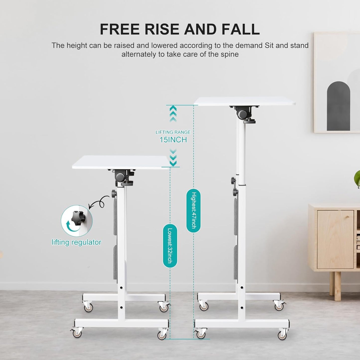 Adjustable Height Standing Desk, Writable Tempered Glass Desktop with Eraser, 360° Flip, Wheels and Bag– Ideal for Small Spaces and Home Offices, 24 In, White(Adjustable Height: 32-47 In)