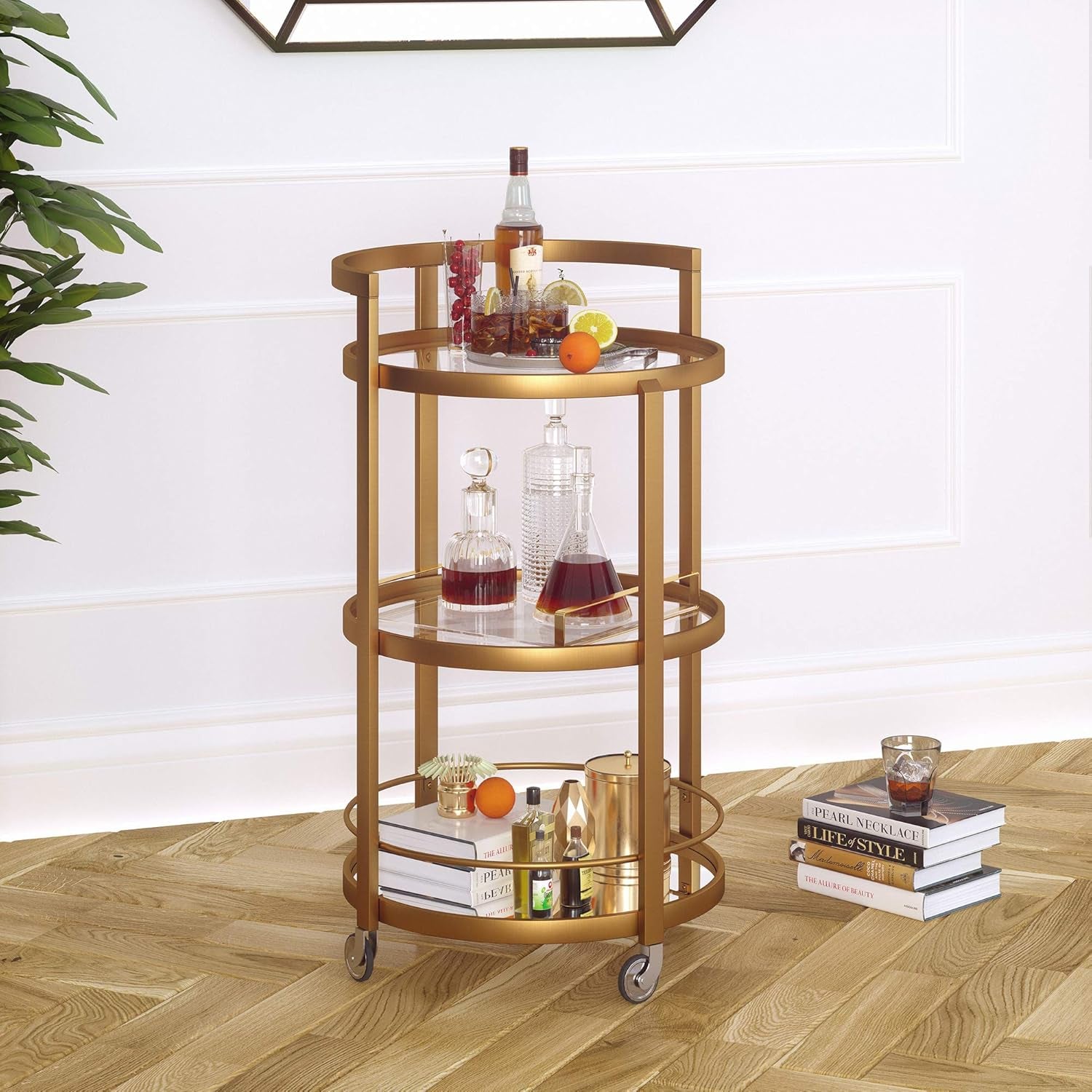 21" Wide round Bar Cart in Brass, Bar Carts for the Home