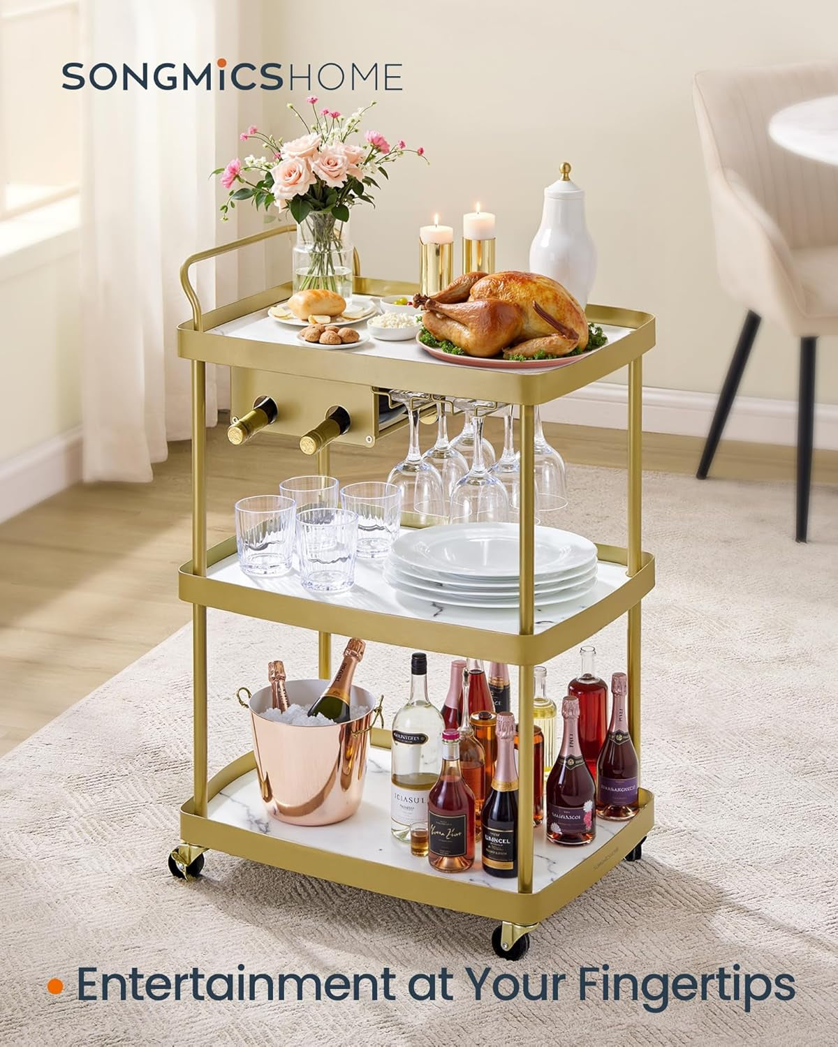 HOME Bar Cart, Home Bar Serving Cart with 3-Tier Shelf, Flexible Wine Bottle Rack and Glass Holder, Drink Beverage Cart, Microwave Cart, Kitchen, Marble White and Pale Gold ULRC291A02