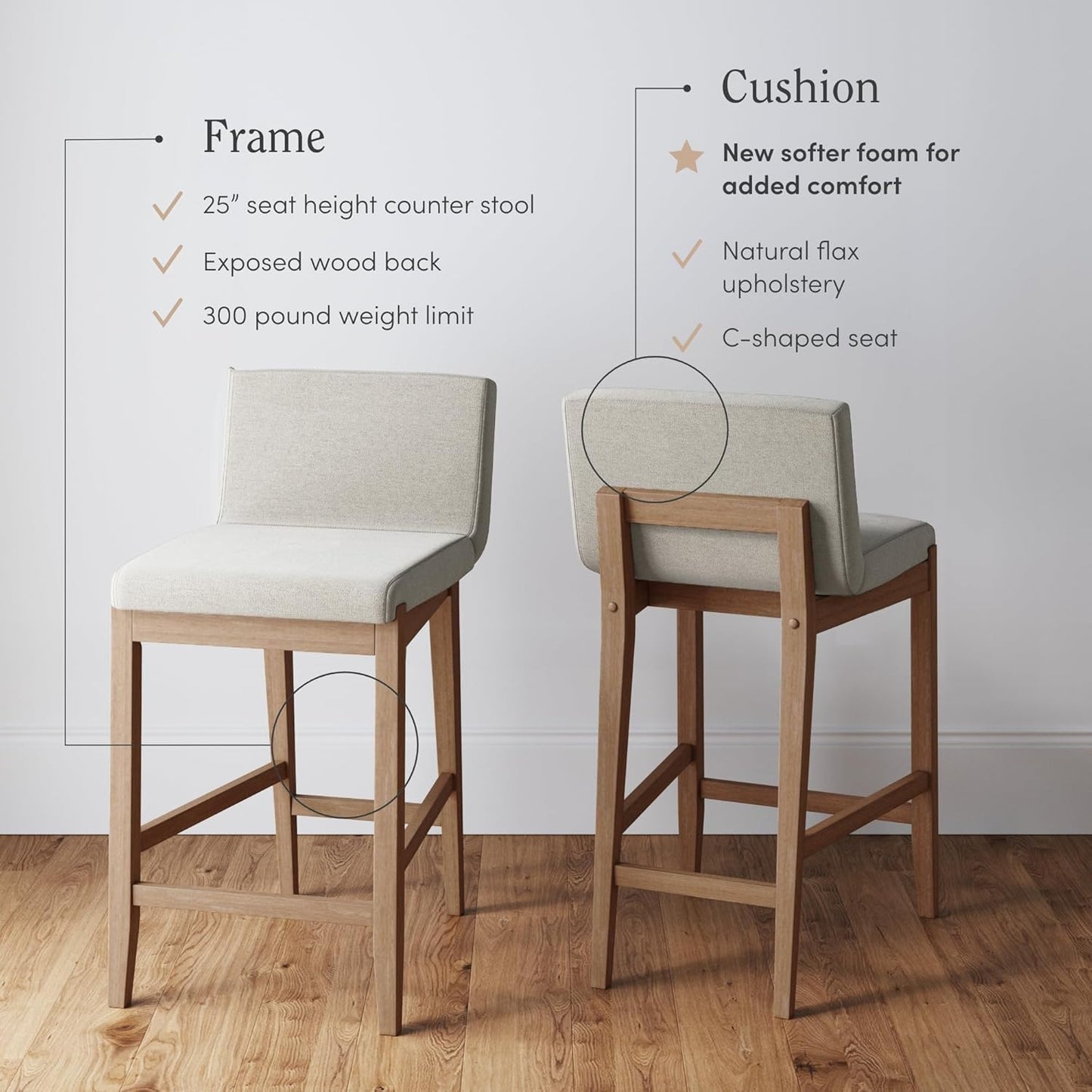 Gracie Modern Counter Height Bar Stool with Back, Counter Stool Upholstered Chair with Natural Flax White Fabric and Brushed Light Brown Wooden Legs, Natural Flax/Brown