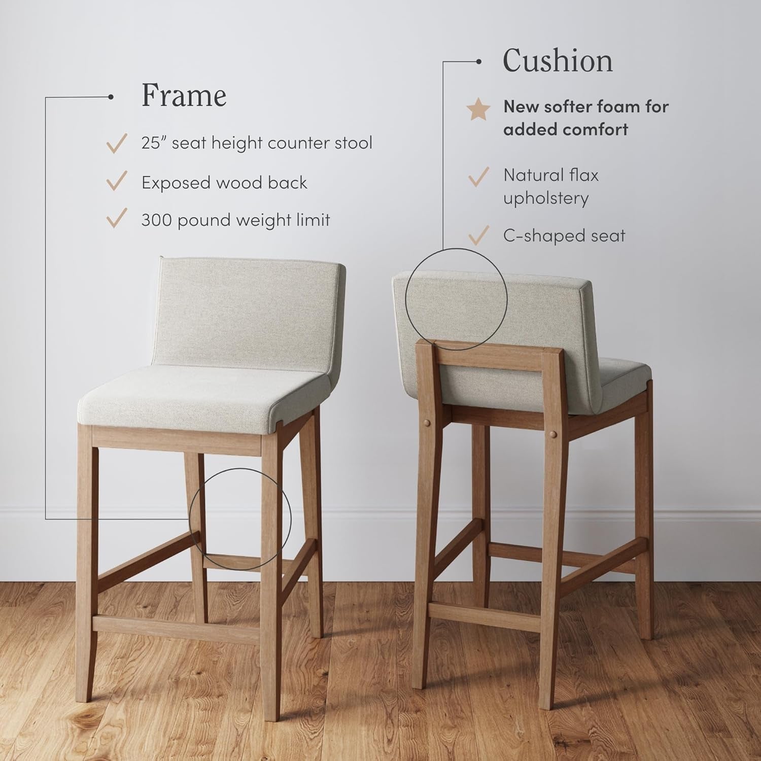 Gracie Modern Counter Height Bar Stool with Back, Counter Stool Upholstered Chair with Natural Flax White Fabric and Brushed Light Brown Wooden Legs, Natural Flax/Brown