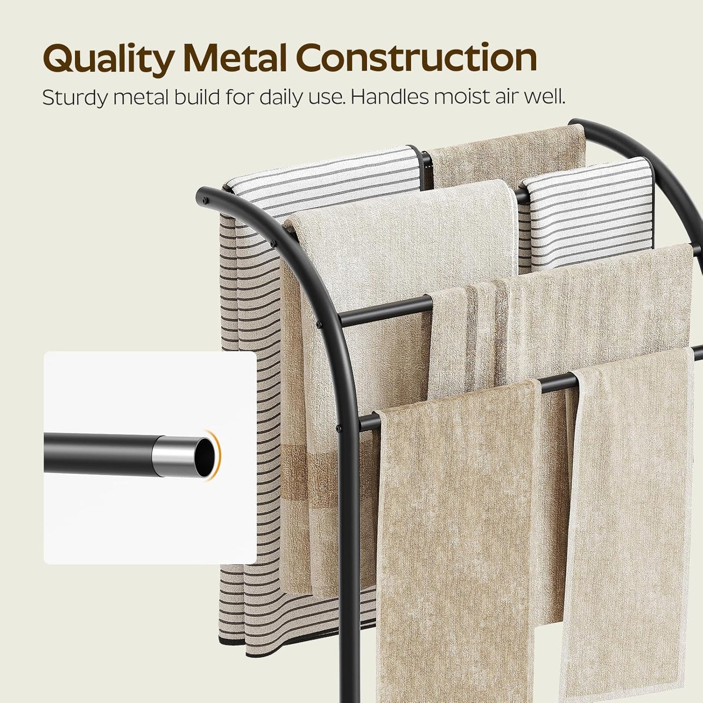 Free Standing Towel Rack, 4-Tier Blanket Rack for Bathroom, Curved Top Pool Towel Stand Display and Drying Rack, Modern Towel Storage Organizer, Black CJ07BK