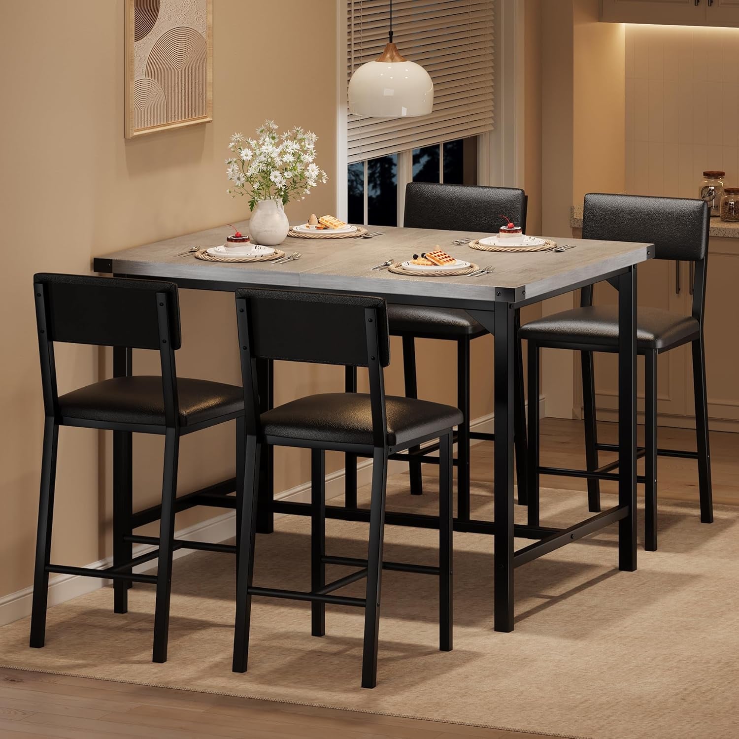 Dining Table Set for 4 W/Footrest & Corner Protector, 5-Piece Kitchen Table Set with Counter Height Table & 4 Upholstered Bar Stools, for Kitchen Room, Apartment, Pub, Retro Gray