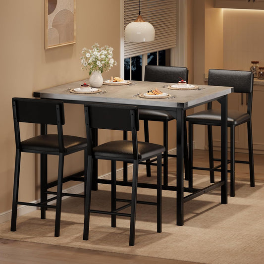 Dining Table Set for 4 W/Footrest & Corner Protector, 5-Piece Kitchen Table Set with Counter Height Table & 4 Upholstered Bar Stools, for Kitchen Room, Apartment, Pub, Retro Gray
