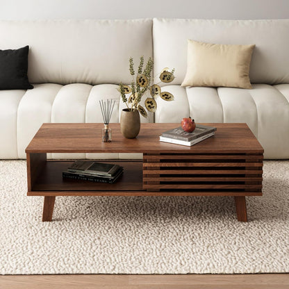 Living Room Table Sets of 2, Mid Century Coffee Table & Dresser TV Stand, Sliding Door Coffee Table with Storage, Modern TV Stand for Bedroom, Living Room, Walnut