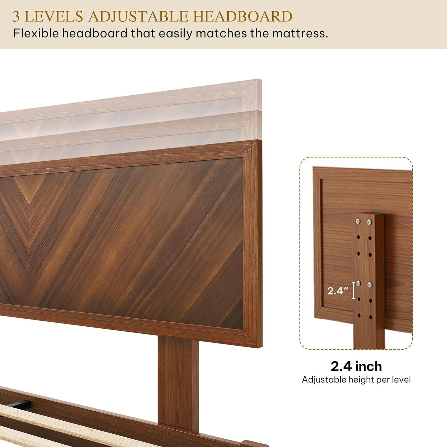 Wood King Size Bed Frame with Adjustable Headboard, Farmhouse Bed Frame with Solid Wood Slats Support, No Box Spring Needed, 12 Strong Wood Slat Support, Easy Assembly, Rustic Brown