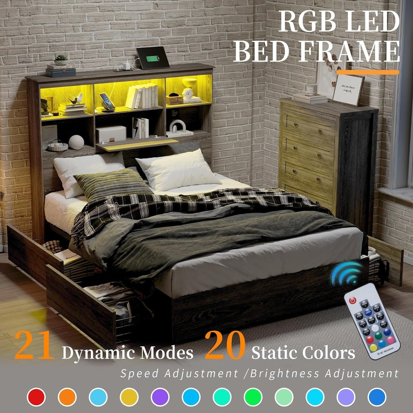 2-Piece Bedroom Set, Farmhouse Full Size Bed Frame and 5 Drawers Dresser, Wooden Storage Bed with Charging Station & 4 Drawers, Tall Dressers Organizer with Metal Handles for Bedroom, Grey