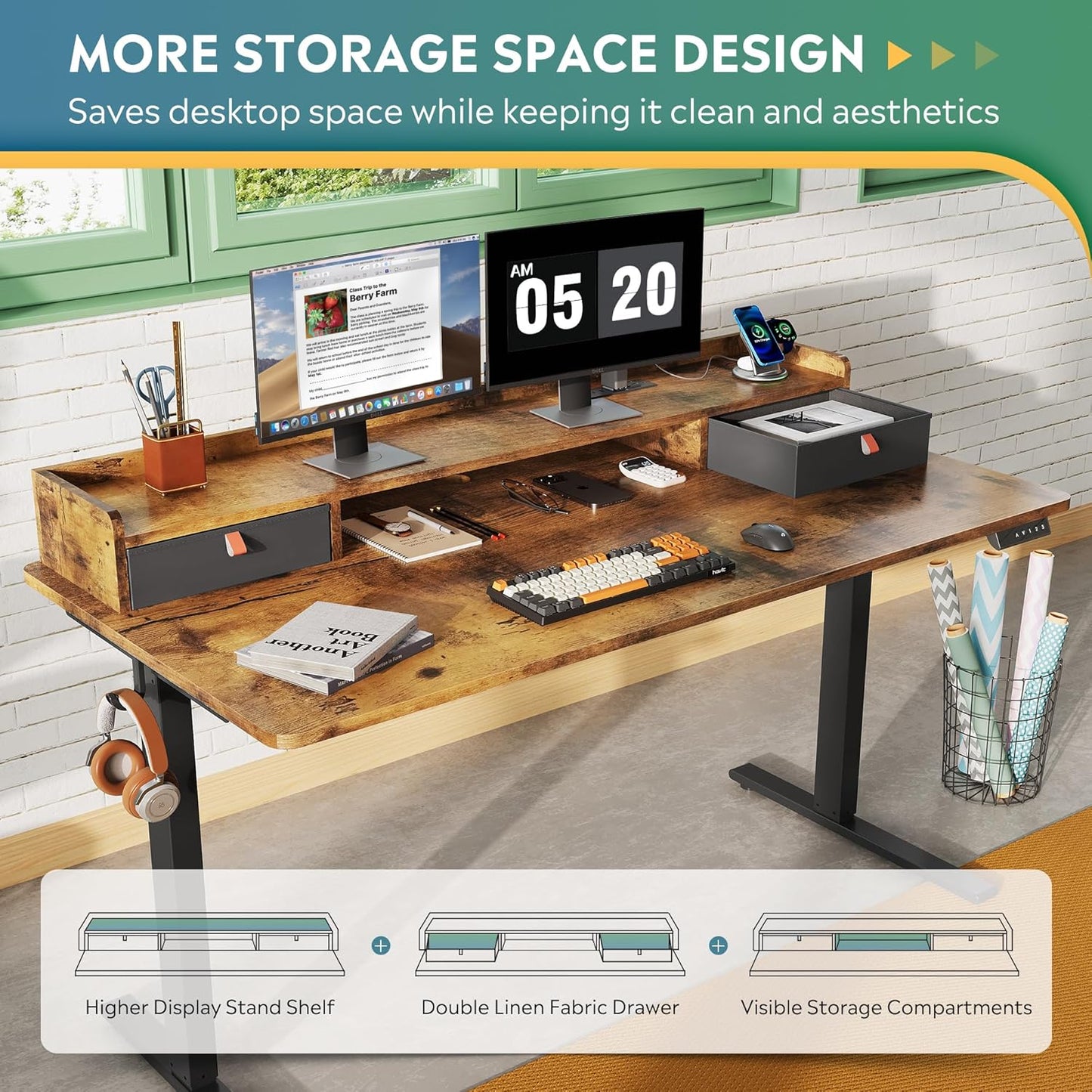 55×28 Inch Electric Standing Desk with Drawers, Computer Desk with 3 Adjustable Height, Storage Shelf, Built-In USB Outlets and Memory Preset, Sit to Stand Desk for Home Office, Rustic Brown