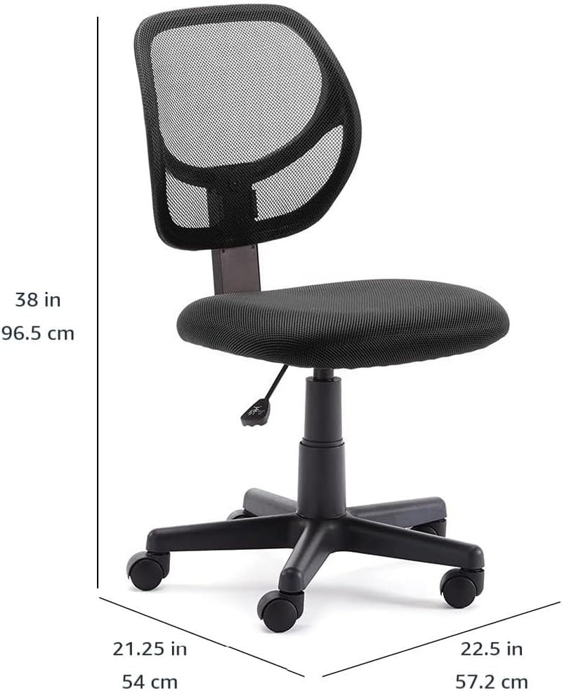 Rolling Desk Chair, Adjustable, Low Back, Padded Seat, Breathable Mesh, Swivel, Black, 21.25" D X 22.5" W X 38" H