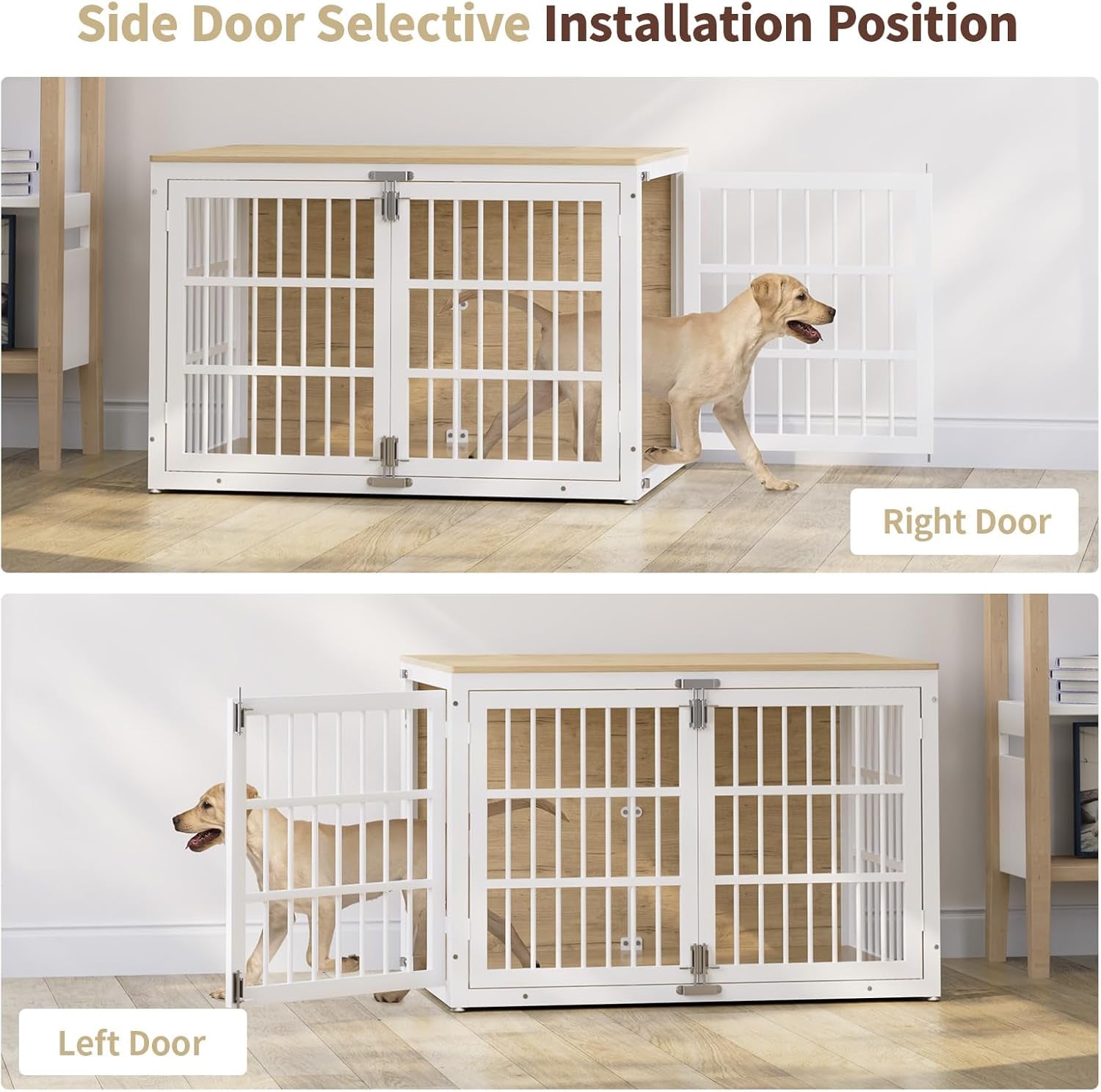48" Heavy Duty Dog Crate Furniture, Wooden Dog Cage Kennel for Lrage and Extra Large Dogs, Dog Kennel Indoor with Side Door, Decorative Pet House End Table, White and Natural