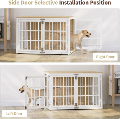 48" Heavy Duty Dog Crate Furniture, Wooden Dog Cage Kennel for Lrage and Extra Large Dogs, Dog Kennel Indoor with Side Door, Decorative Pet House End Table, White and Natural