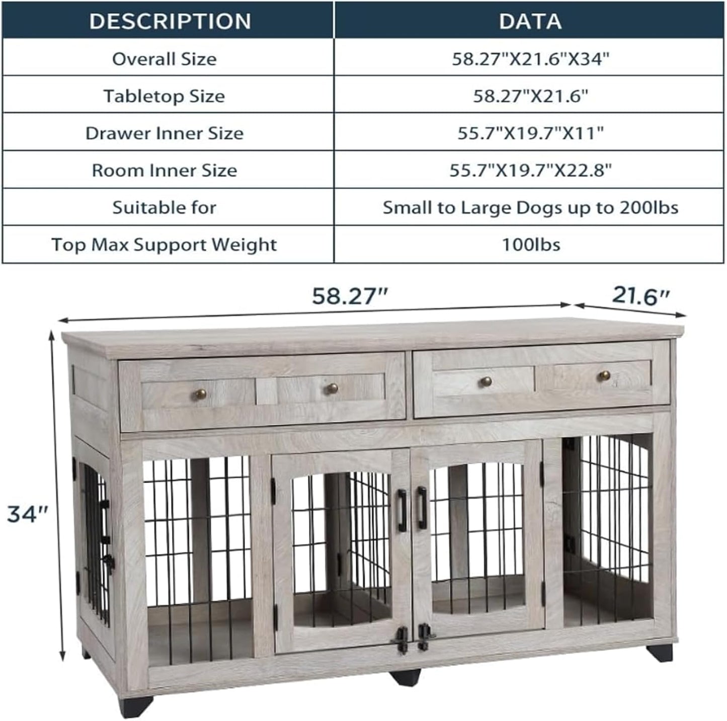 58" Dog Crate Furniture with 5 Doors & 2 Drawers, Wooden Indoor Pet House Kennel for 2 Dogs (Large/Medium Breeds), Openable Divider, Heavy Duty Double Dog Cage, TV Stand End Table,Grey