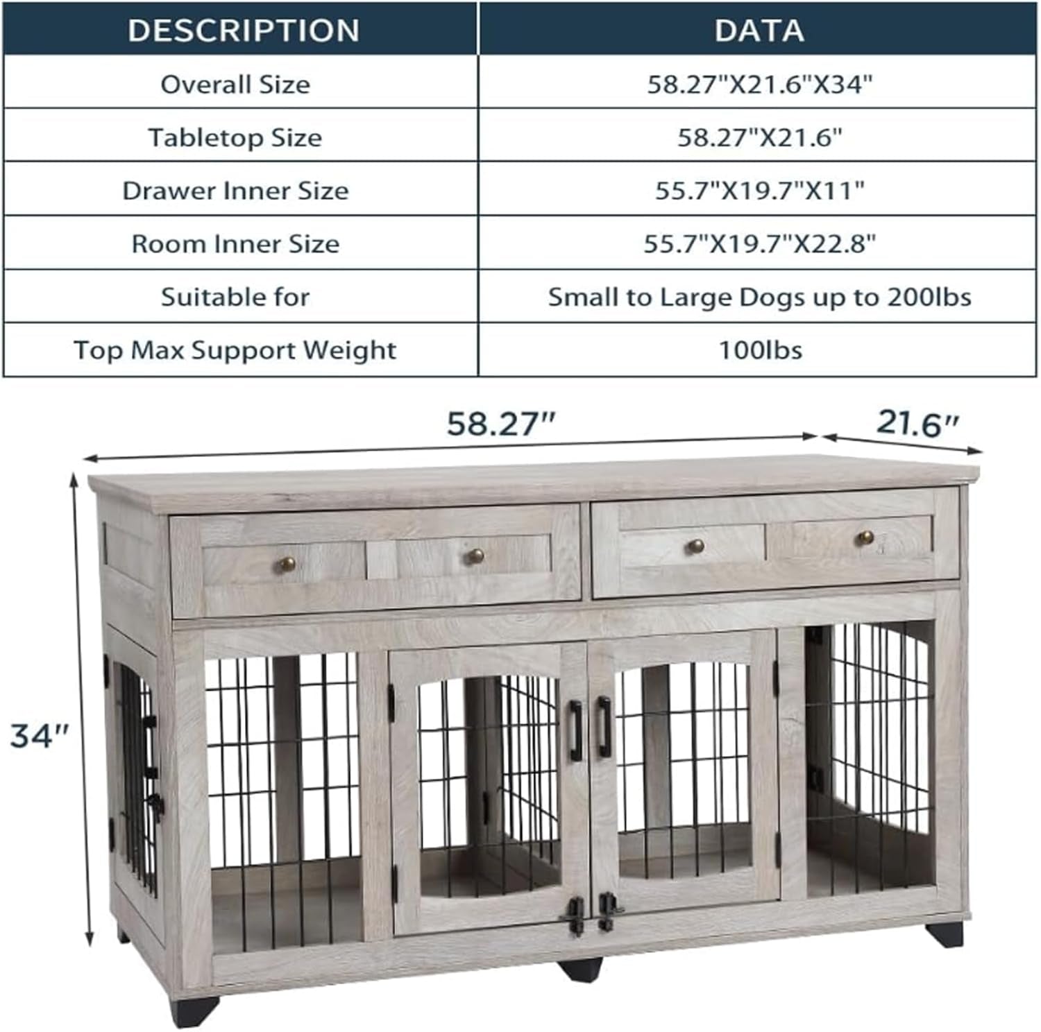 58" Dog Crate Furniture with 5 Doors & 2 Drawers, Wooden Indoor Pet House Kennel for 2 Dogs (Large/Medium Breeds), Openable Divider, Heavy Duty Double Dog Cage, TV Stand End Table,Grey
