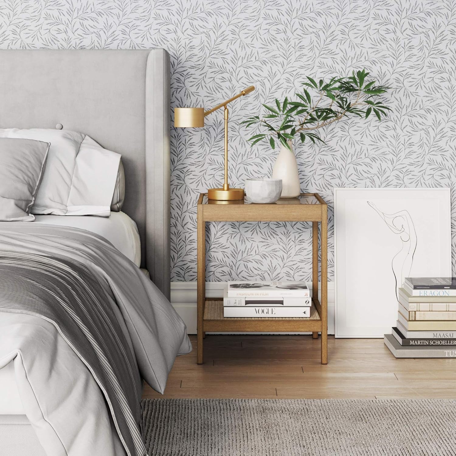 33301 Hayes Solid Wood Nightstand, Bedside, End or Side Table in Light Brown Wood Finish & Glass Top with Open Storage Shelf, 18 in X 18 in X 22 In