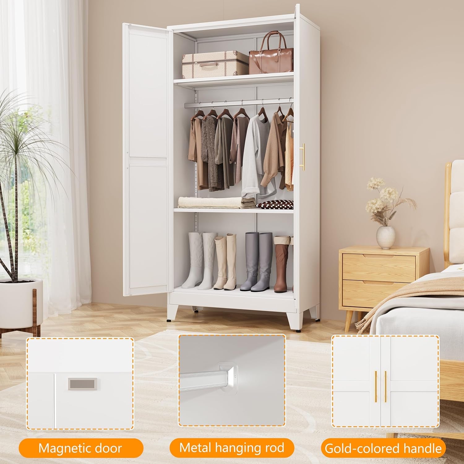 RIETERN Metal Armoire Wardrobe Closet, 71" Tall Bedroom Closet with Mirror, Adjustable Shelves, and Hanging Rod, Steel Clothes Closets and Storage, for Bedroom White