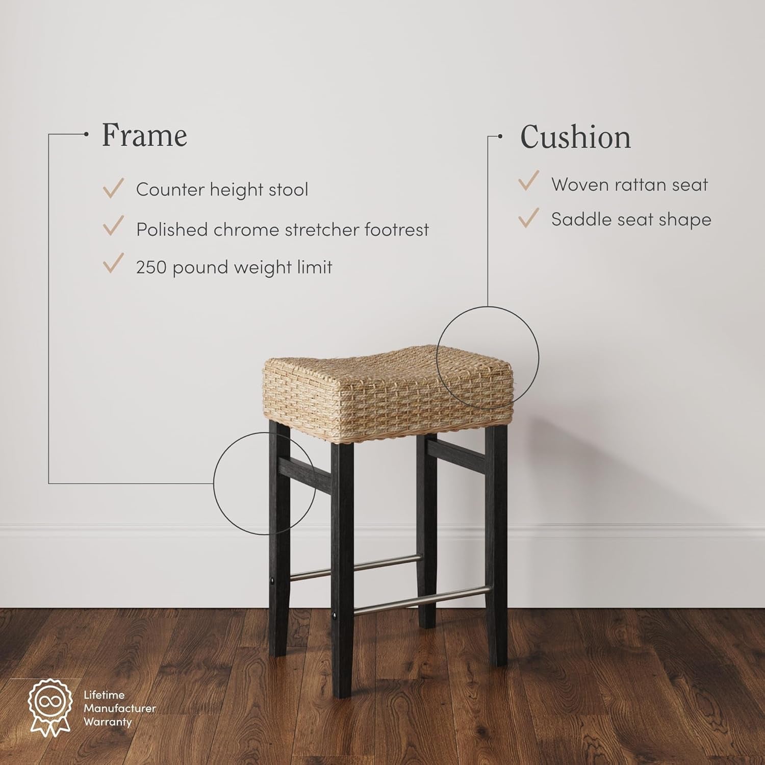 Harvey Rattan Bar Stool, Bohemian Counter Height Stool with Woven Seagrass Seat, Solid Wood Legs, and Metal Footrest Seagrass/Brushed Black