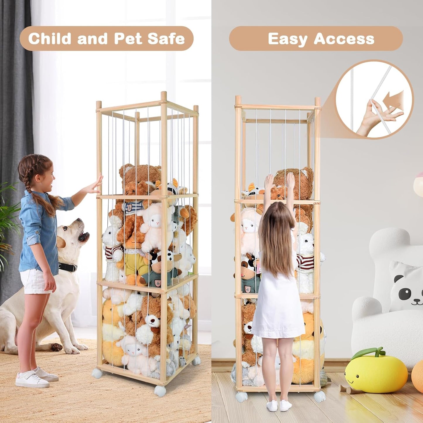 Stuffed Animal Storage, Wood Stuffed Animal Zoo Storage with Brake Wheels, Space save Toy Organizer, Large Capacity Stuffed Animal Holder, Perfect for Nursery Playroom Kidroom Bedroom-54.3 Inch