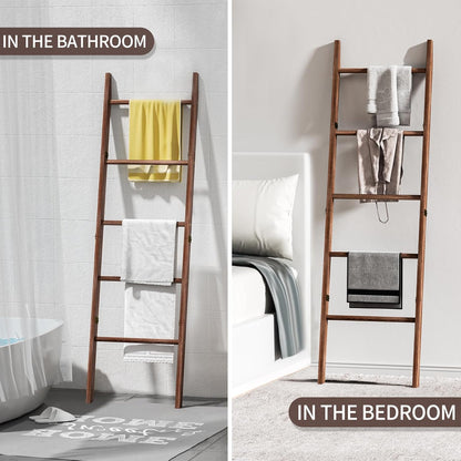 Blanket Ladder for Living Room, 5-Tier Wooden Ladder Shelf, Rustic Decorative Blanket Rack for Blankets, Quilts, Farmhouse Decor Ladder Shelf for Bedroom Bathroom Home Christmas Decor, Brown