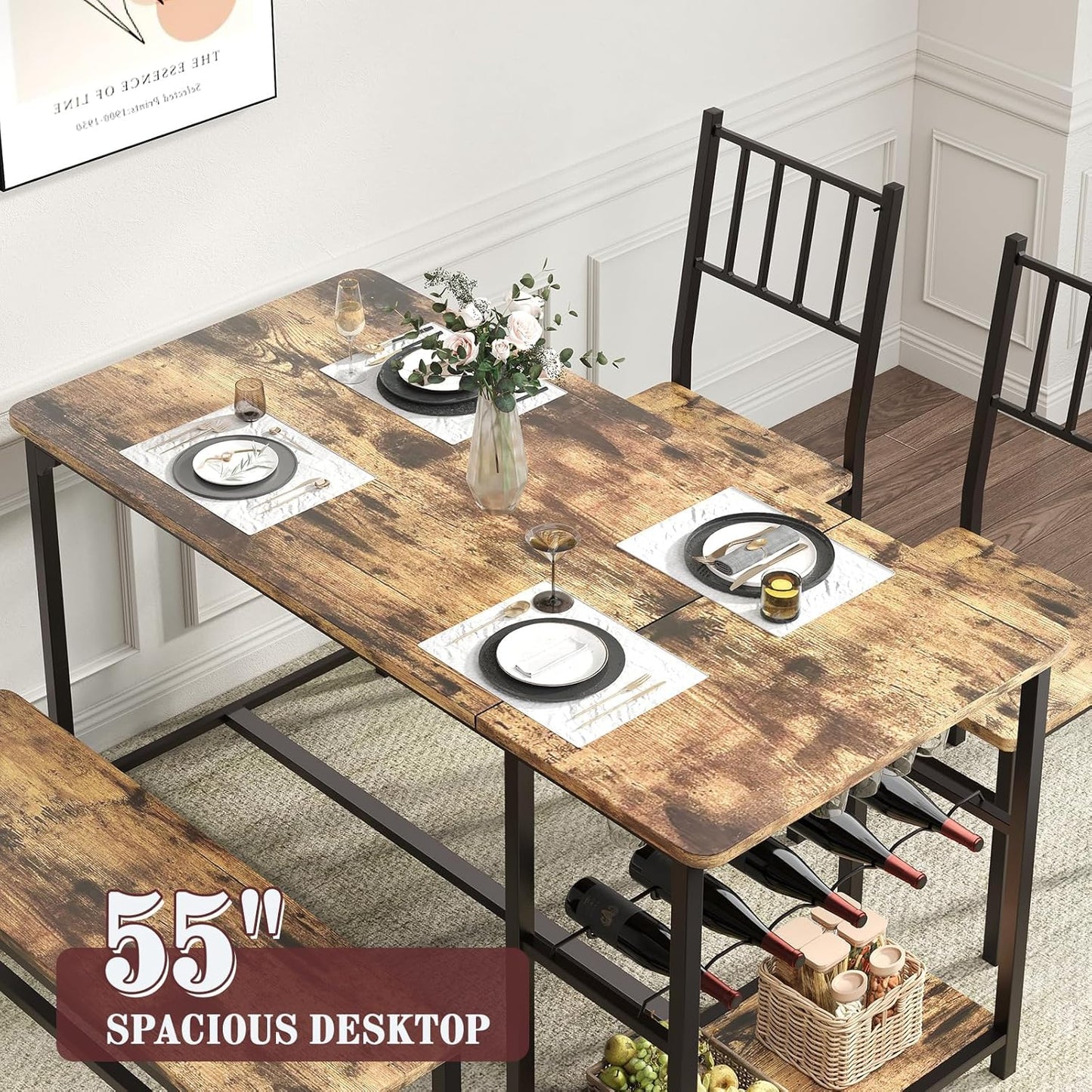 Dining Room Table Set for 4, 55" Kitchen Table Set with Storage Shelf, Wine Rack & Wine Glasses Holder, Dining Table for 4 with Chairs and Bench for Dining Room, Kitchen, Grey