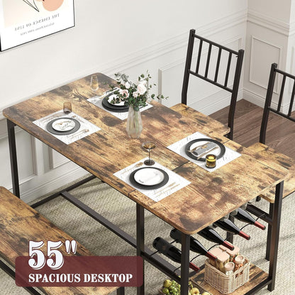 Dining Room Table Set for 4, 55" Kitchen Table Set with Storage Shelf, Wine Rack & Wine Glasses Holder, Dining Table for 4 with Chairs and Bench for Dining Room, Kitchen, Grey