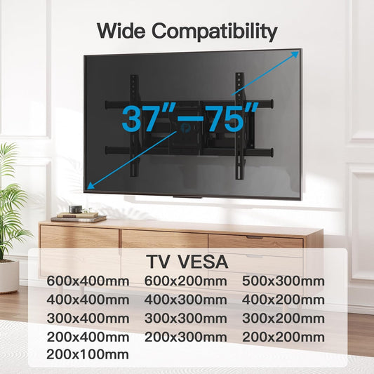 Full Motion TV Wall Mount for Most 37-75 Inch Tvs up to 132Lbs, Wall Mount TV Bracket Articulating Swivel Tilt Extension Leveling Max VESA 600X400Mm Fits 12/16" Wood Stud, PILFK1