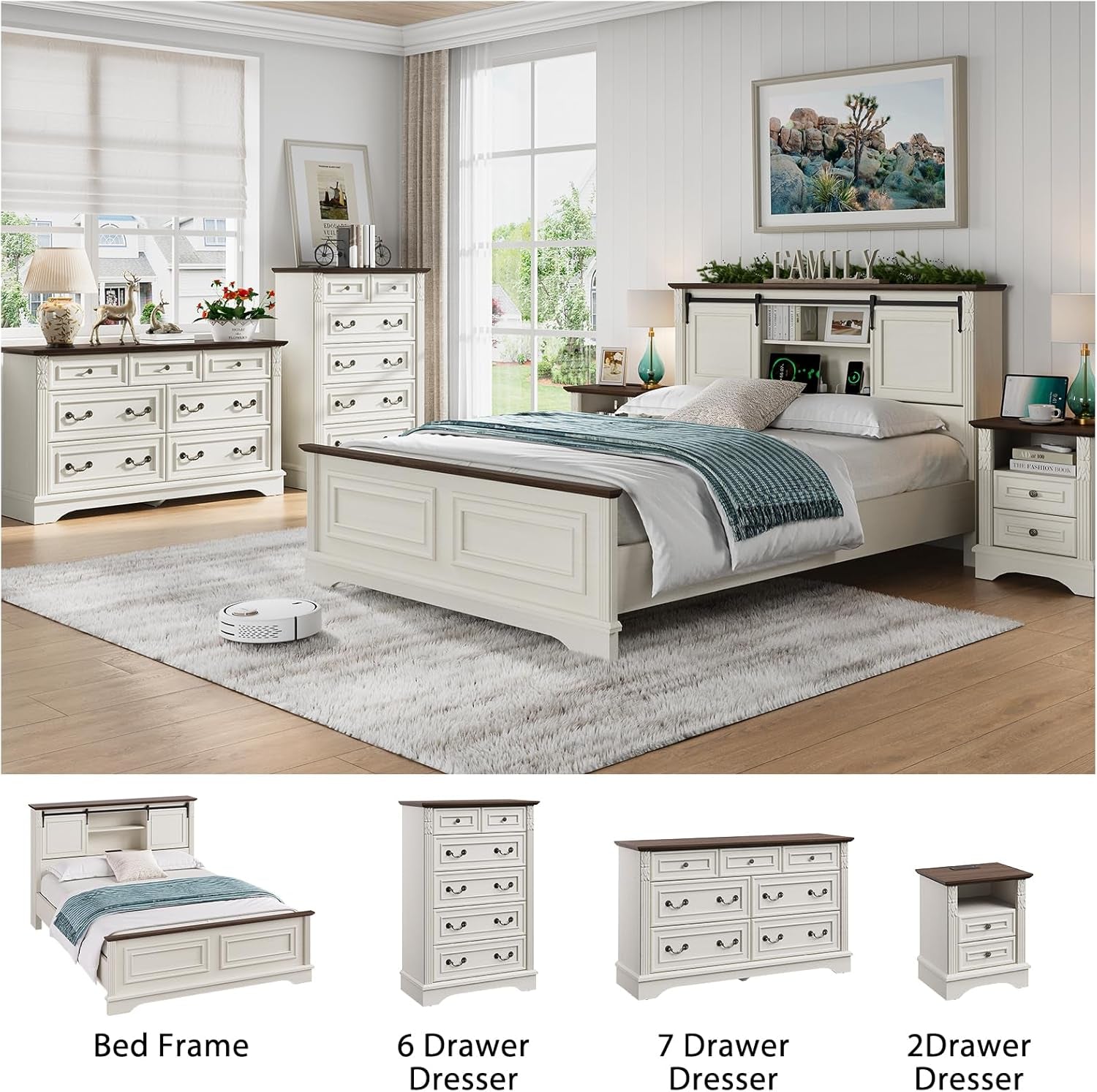 Antique White Queen Size Bed Frame with Storage Headboard, Charging Station, Bracket Footboard, Farmhouse Bed Frame with Bookcase and Sliding Barn Doors, Noiseless,No Box Spring Needed