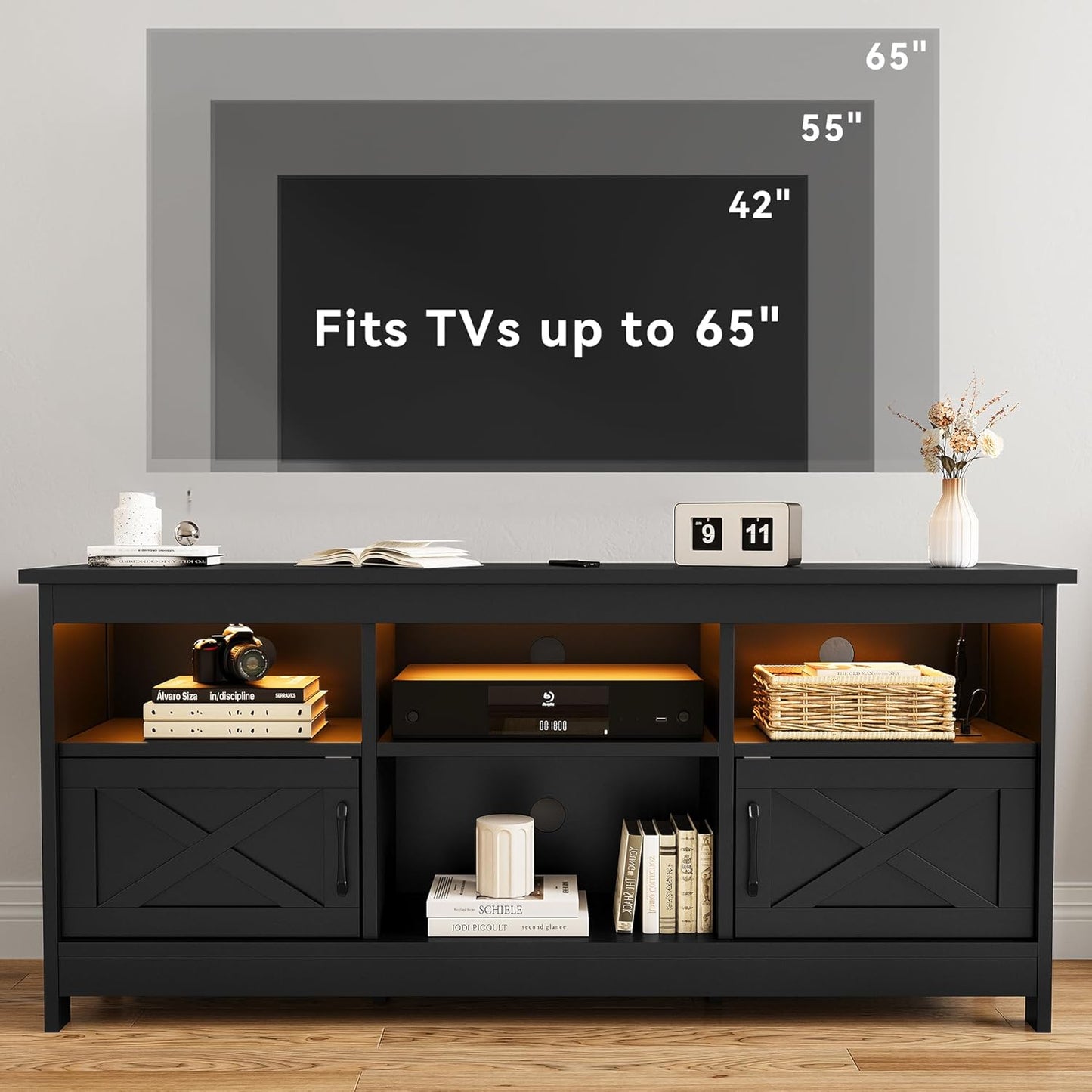 Farmhouse TV Stand for 65 Inch TV, Black Entertainment Center with LED Lights & Power Outlet, TV Media Console with Storage for Living Room, Black