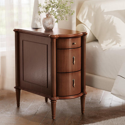 Nightstand W/Charging Station & 3 Drawers, Pre-Assembled, Vintage Side Table W/Antique-Finished Pulls, Rustic Wood Finish, Narrow End Table W/Turned Legs for Bedroom (1, Brown)