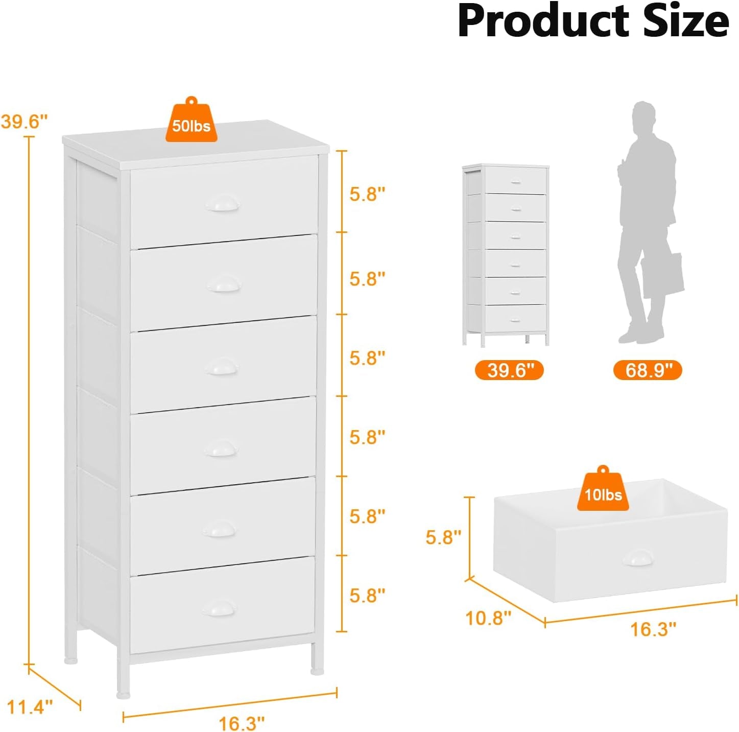 White Tall Dresser for Bedroom,Vertical Storage Tower Unit and End Table with 6 Fabric Drawers, Nightstand Furniture with Drawer Organizer in Living Room,Closet,Entryway,Hallyway