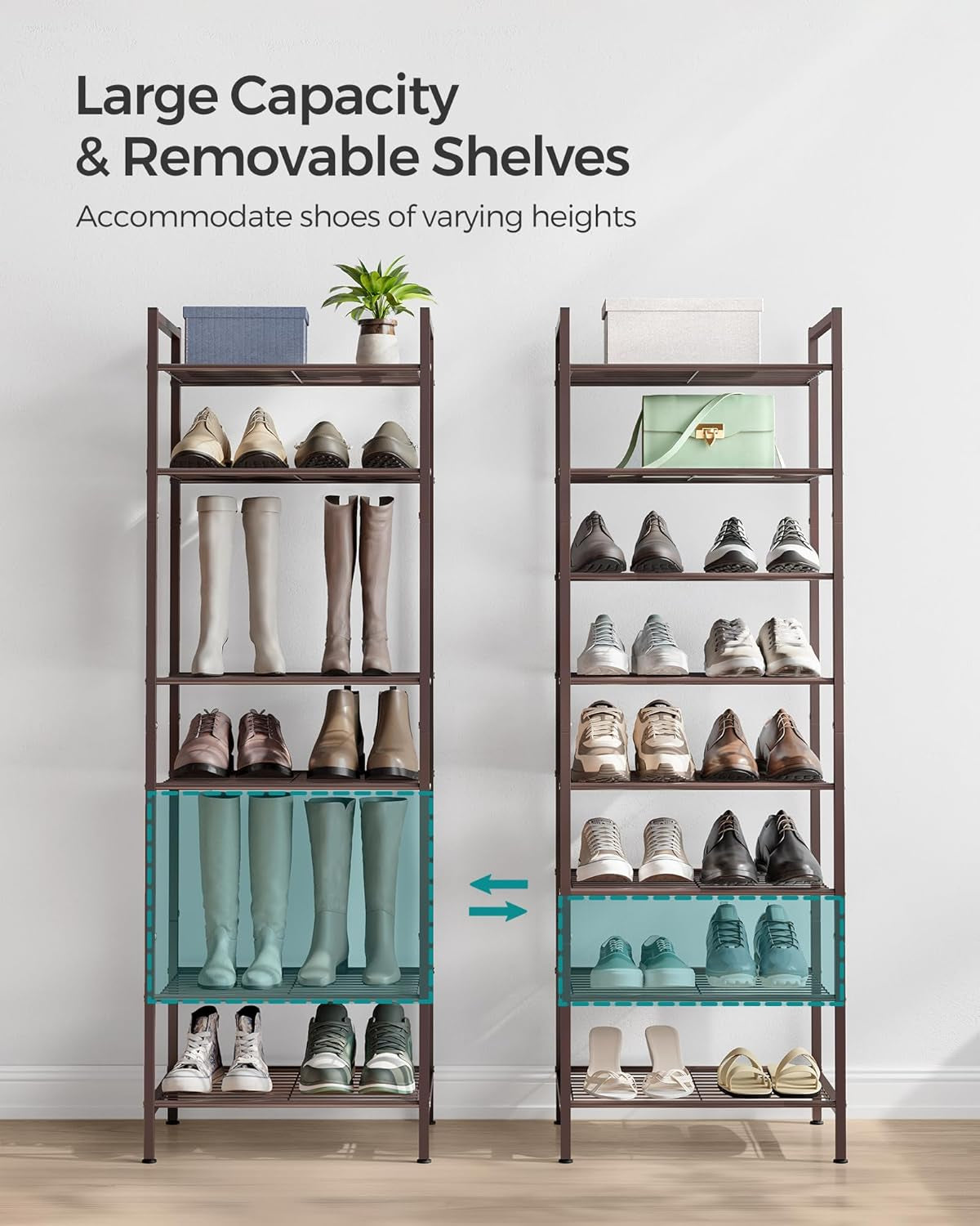 Narrow Shoe Rack - Sturdy 8 Tier Metal Tall Shoe Rack Shelf, Slim Shoe Storage Organizer for Closet Entryway Small Spaces, Bronze