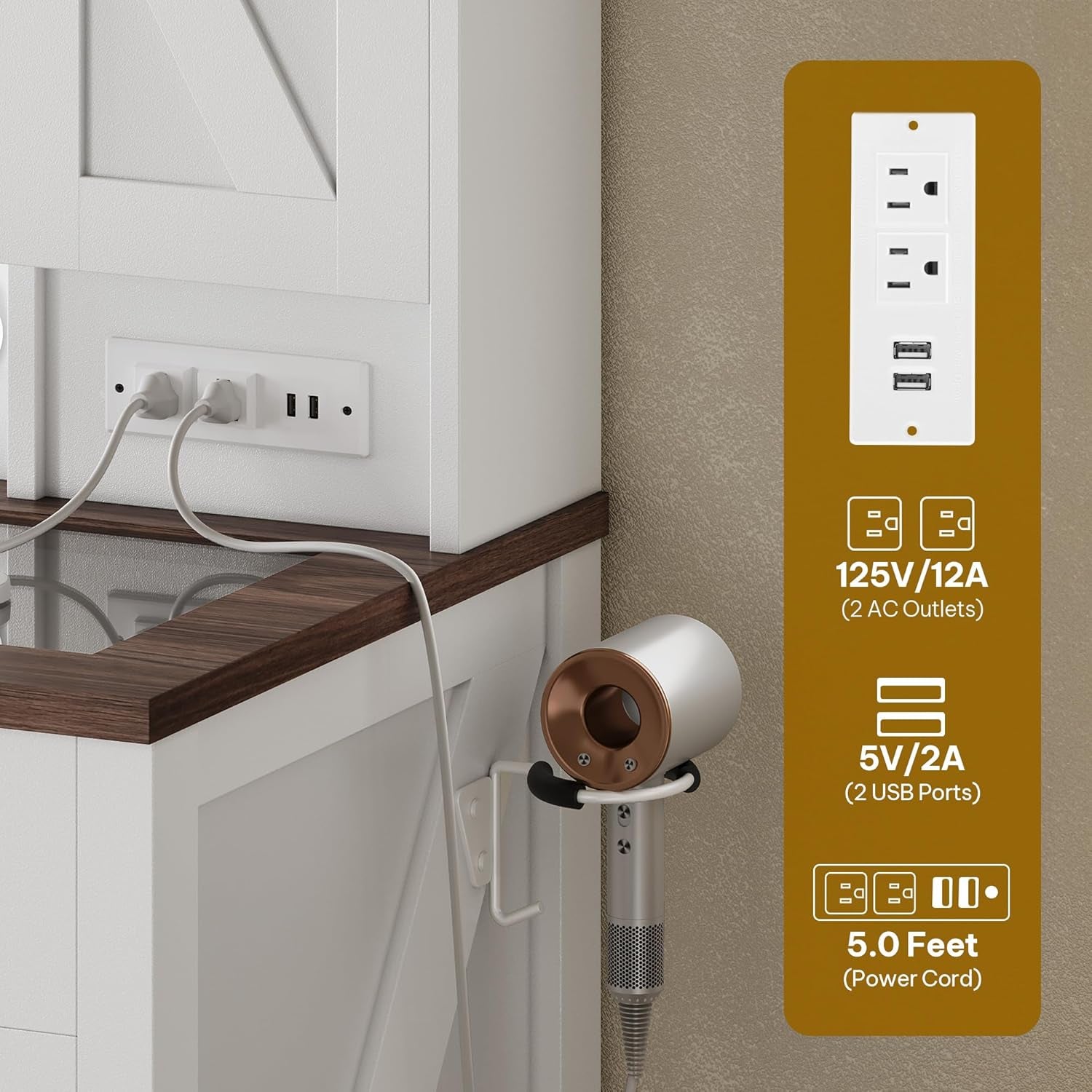 Farmhouse Vanity Desk with Light and Hollywood Makeup Mirror, Large Storage Space Vanity Set with 2 Drawers & 2 Cabinets, Dressing Table for Bedroom, Stool Included, White