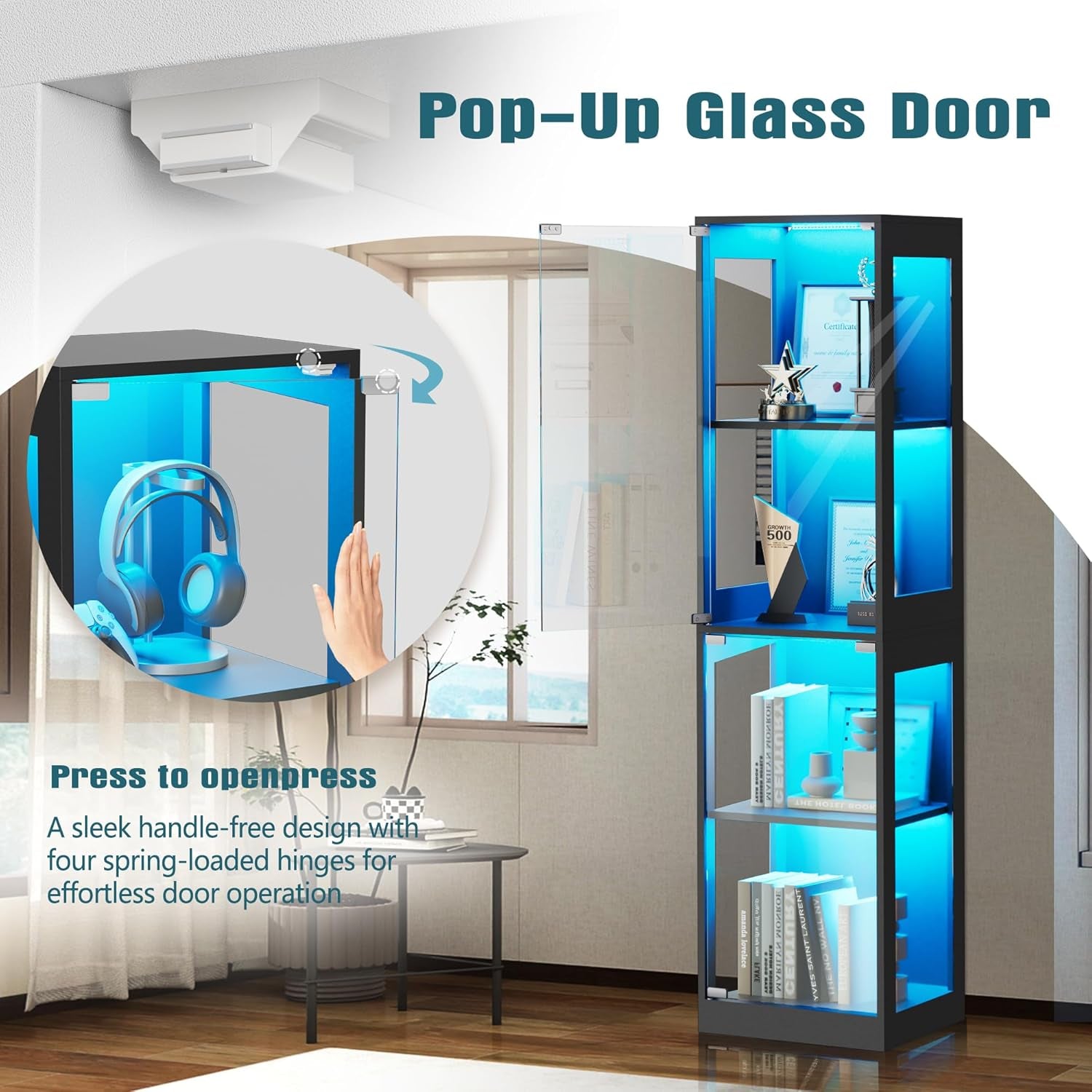 Glass Display Cabinet, 4-Tier Display Cases for Collectibles, Curio Cabinet with RGB Lights, Glass Bookcase Shelf Display Kids Toy Cabinets for Collectible, Living Room, Playroom (Black)