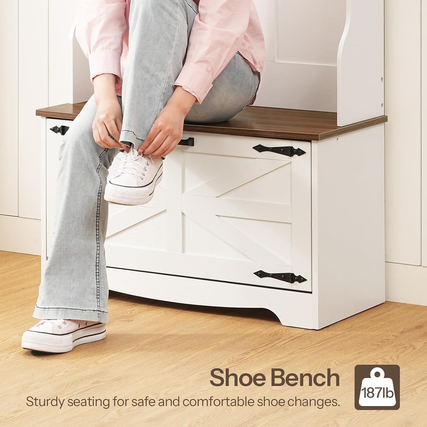 Hall Tree with Bench, Entryway Bench with Coat Rack and Shoe Cabinet, Flip Drawers, Farmhouse Hall Tree with Shoe Organizer, Mud Room, White and Walnut WH85MT01