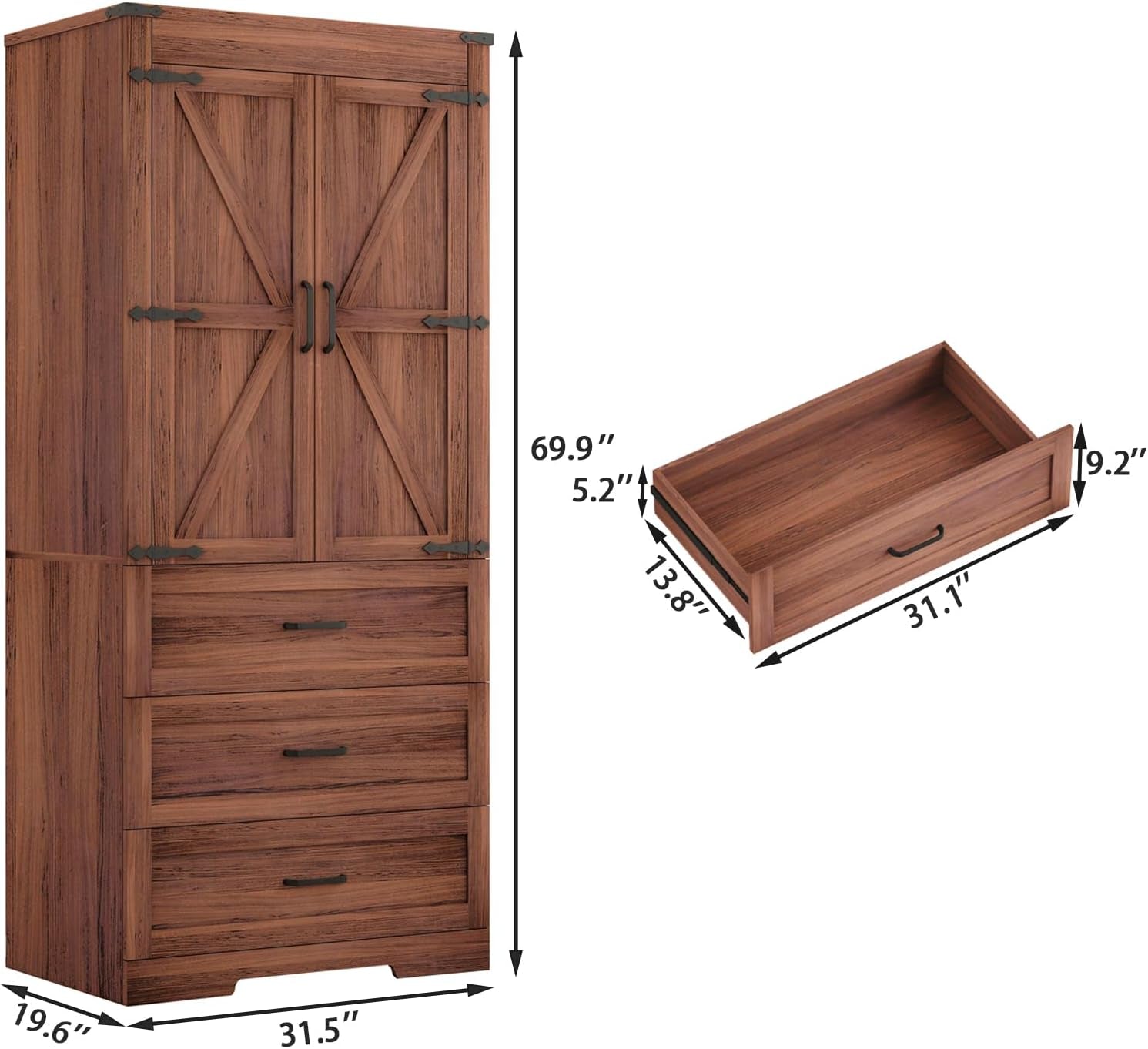 70" Tall Wardrobe Closet with 2 Doors & 3 Drawers, Farmhouse Armoire with Hanging Rod, Wooden Armoire Wardrobe Closet for Bedroom, Freestanding Clothing Storage Cabinet, Brown