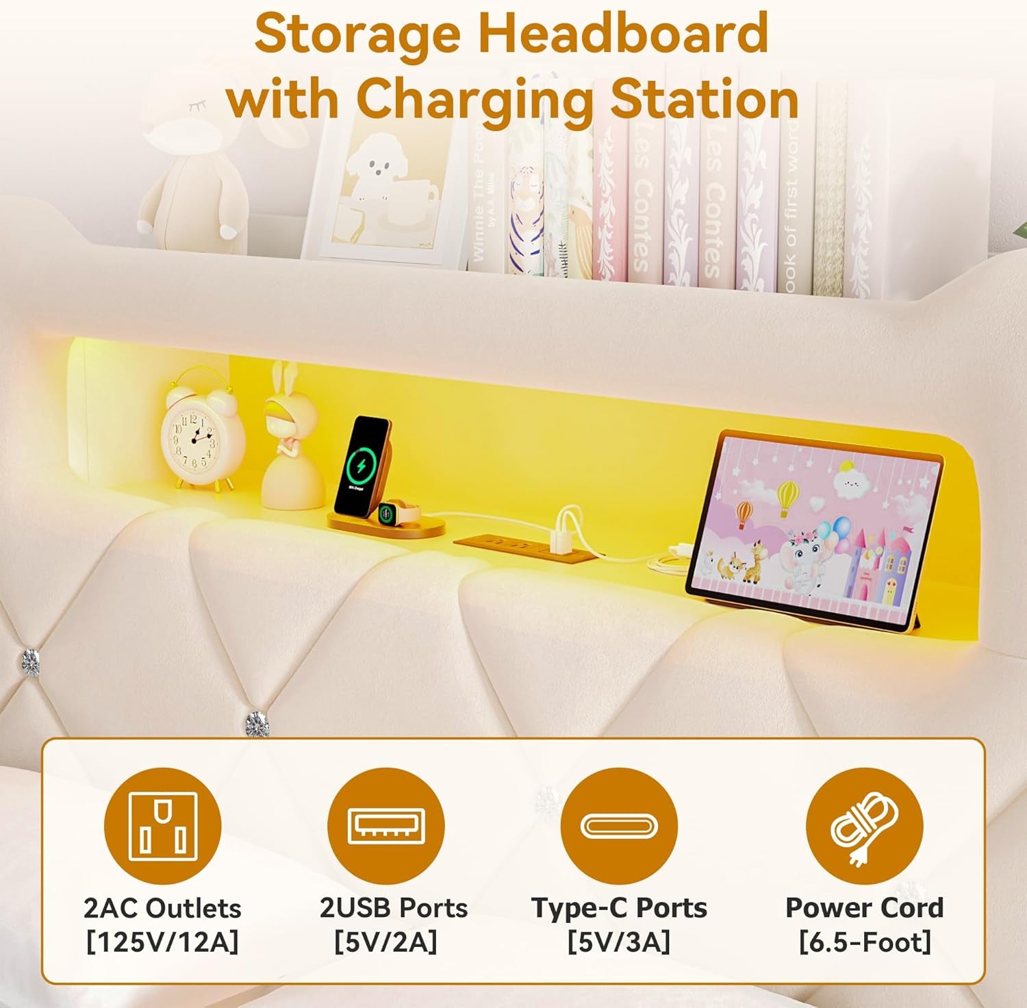 Full Upholstered LED Bed Frame with 2 Storage Drawers and 2-Tier Storage Headboard, Velvet Princess Platform Bed with Charging Station & Bookcase, Corner Bed Frame, Heavy Duty Metal Support, Beige