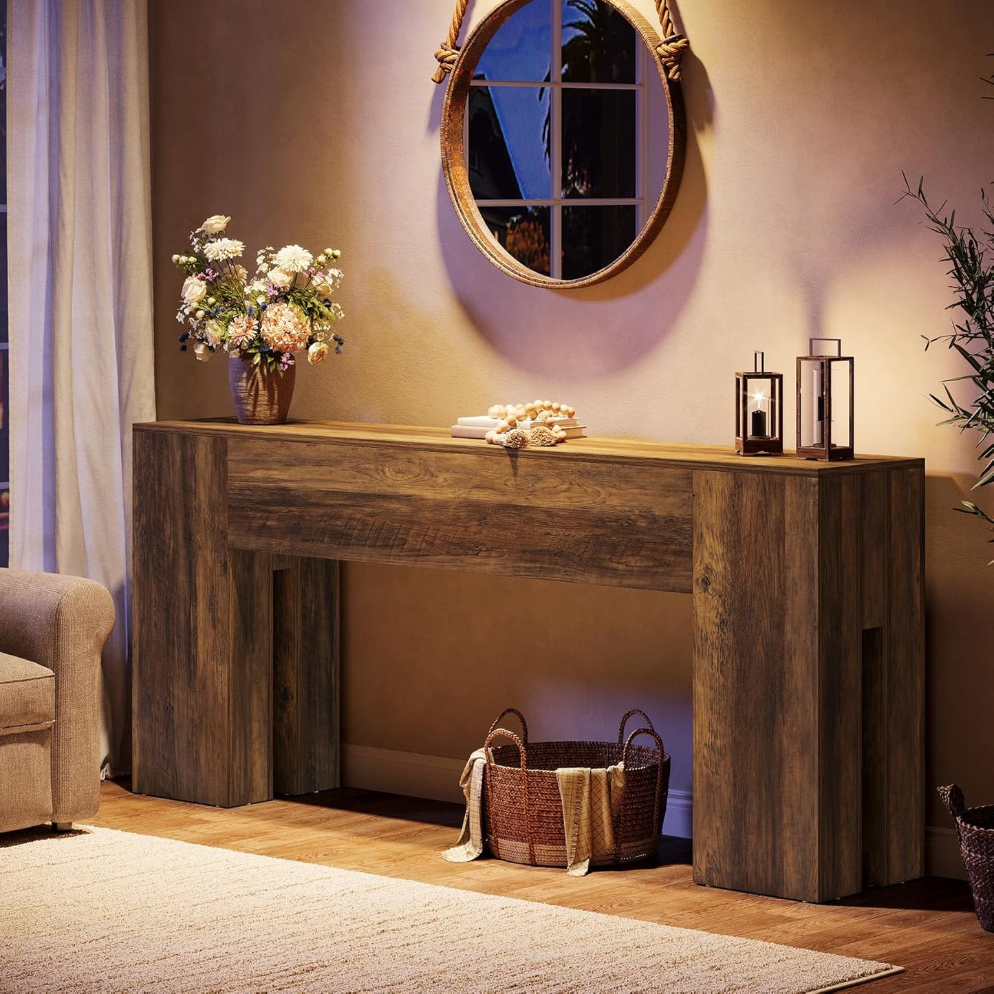 71-Inch Long Console Table for Entryway, Farmhouse Sofa Console behind Couch, Entry Table for Hallway, Foyer, Living Room, Brown
