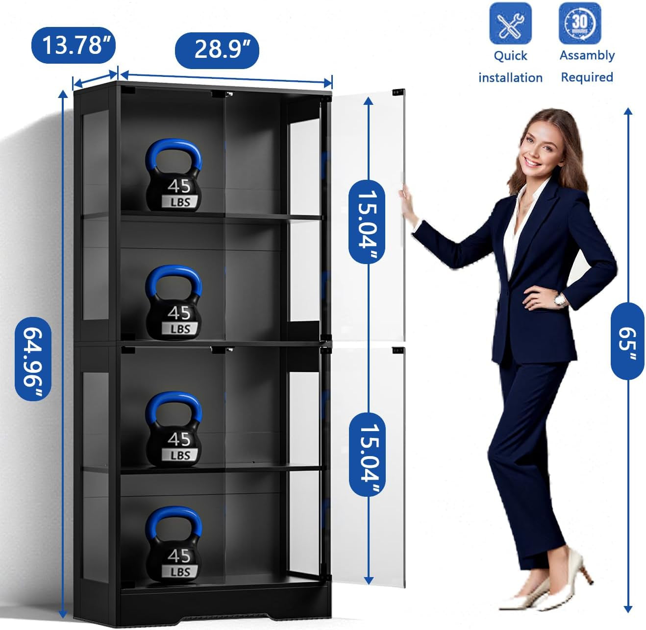 Tempered Glass Display Cabinet 5.5 FT with 3CCT Motion Sensor Light, 4-Tier Curio Case for Collectibles, Storage Woode Shelf with Glass Doors, Bookcase, Showcase, Black